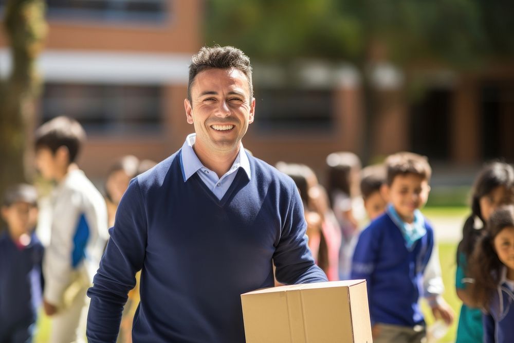 Colombian sports teacher holding a cardboard box education student school.