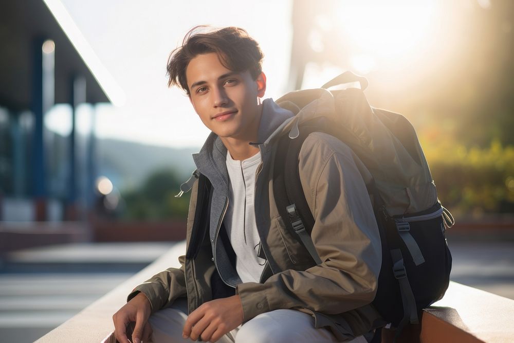 Peruvian teen student sitting on the bench sunlight backpack jacket.