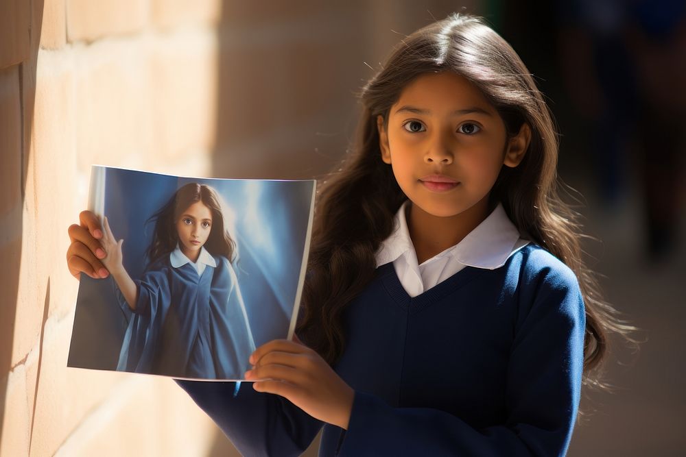 Peruvian young primary school student girl wearing uniform portrait photo photography.