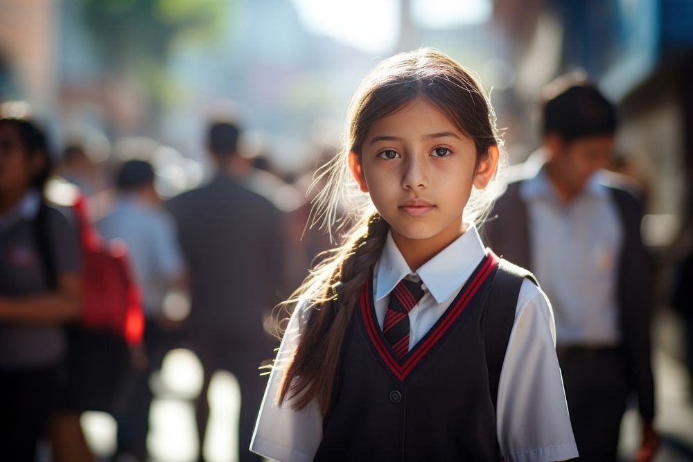 Peruvian young primary school girl student wearing uniform adult photo city.