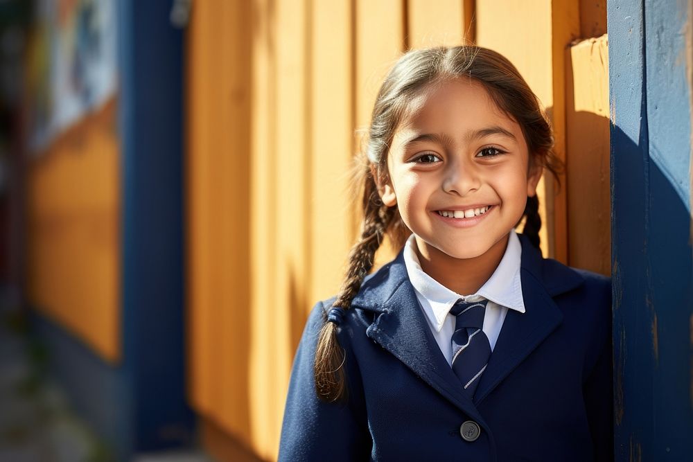 Peruvian young primary school student girl wearing uniform standing sunlight smile.