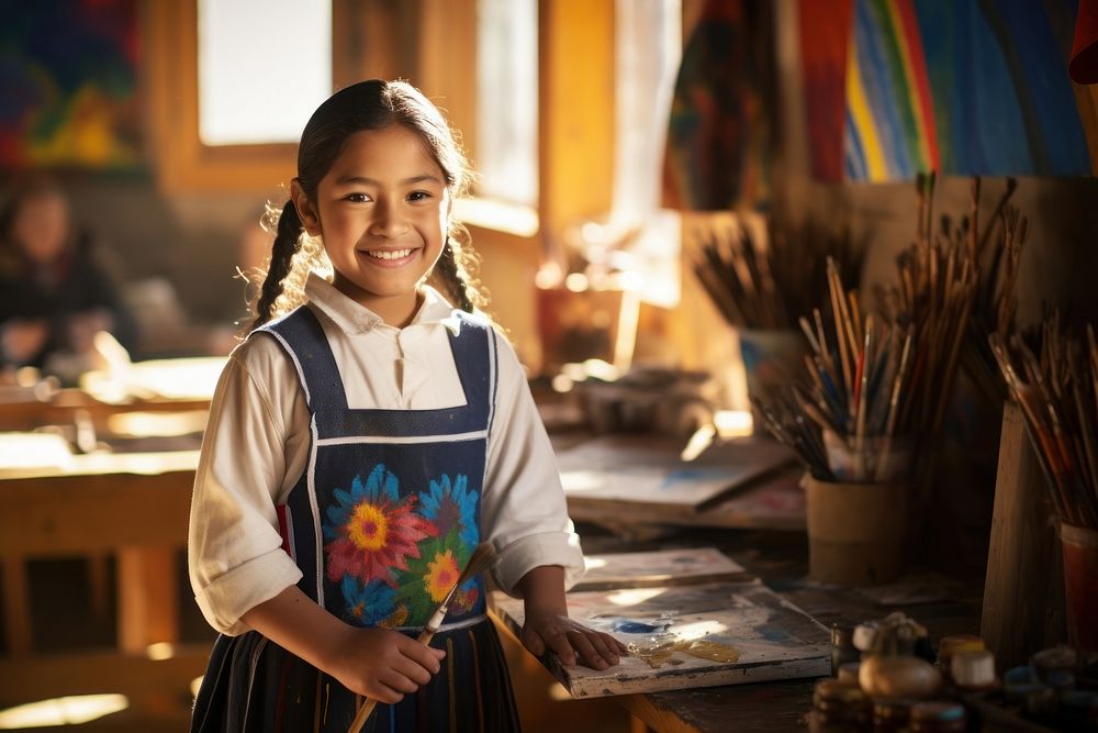 Peruvian young primary school student girl wearing uniform education holding architecture.