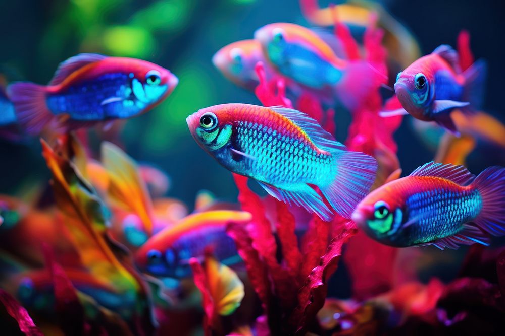 School of neontetra fishes swimming aquarium outdoors animal.