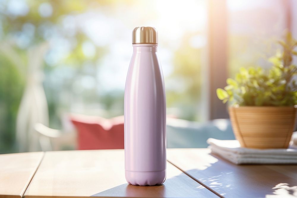 Women touching pastel color metal water bottle on the table drink refreshment drinkware.