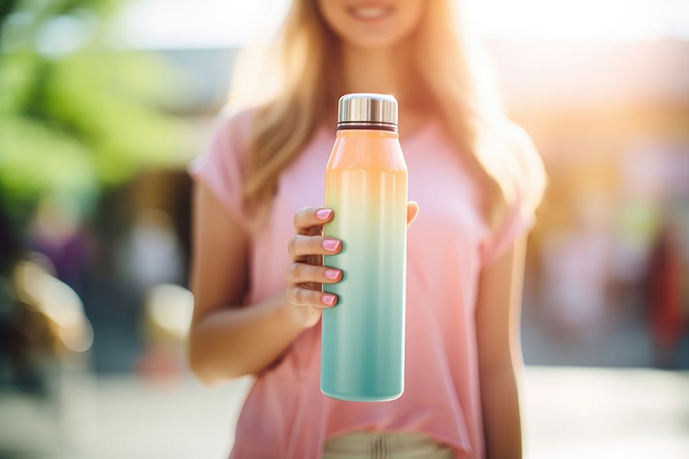 Happy women holding pastel color metal water bottle refreshment drinkware container.