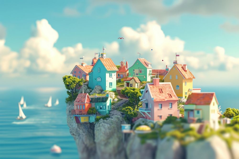 Cute coastal village on a cliff fantasy background landscape outdoors nature.