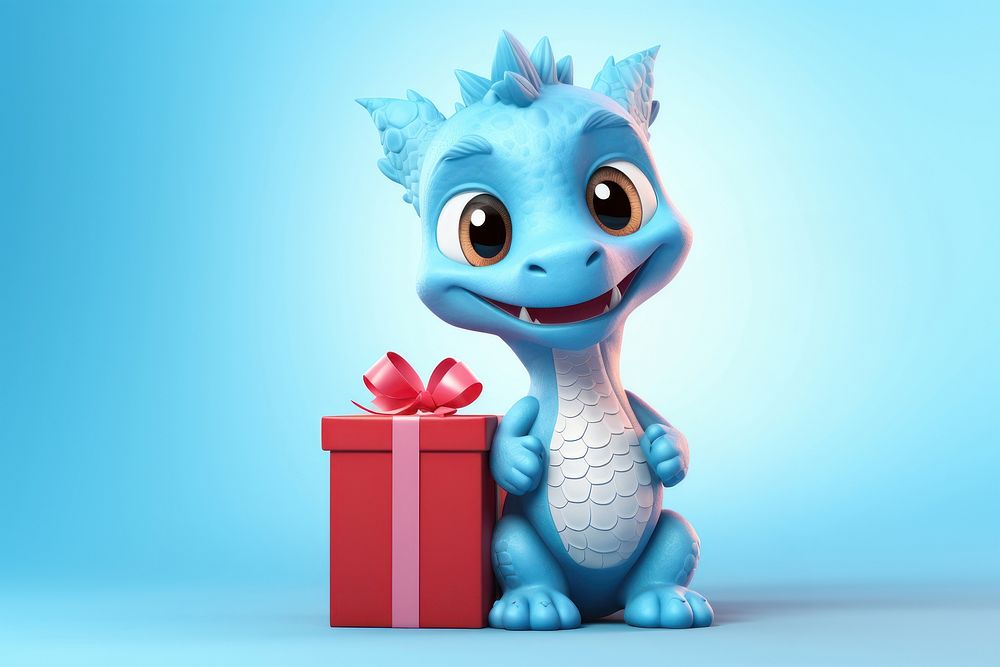 Cute dragon holding present box background cartoon representation celebration.