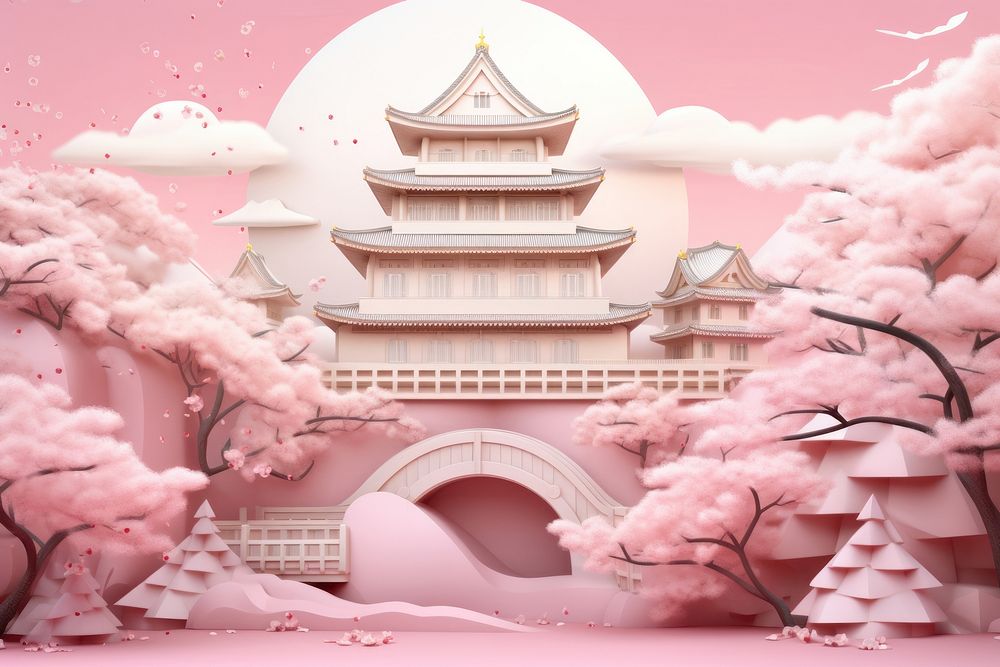 Cute japanese castle cherryblossoms fantasy background plant architecture spirituality.