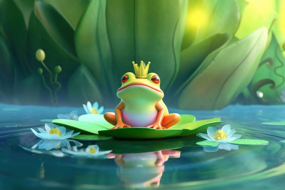 Cute king frog on a lotus leaf fantasy background cartoon amphibian wildlife.