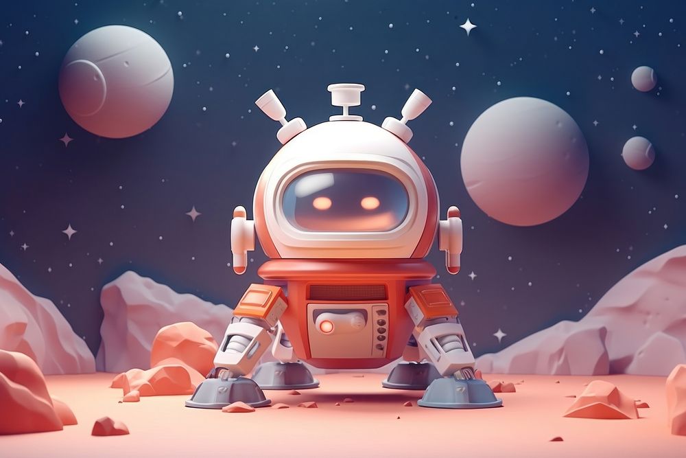 Cute lunar lander fantasy background cartoon robot technology.