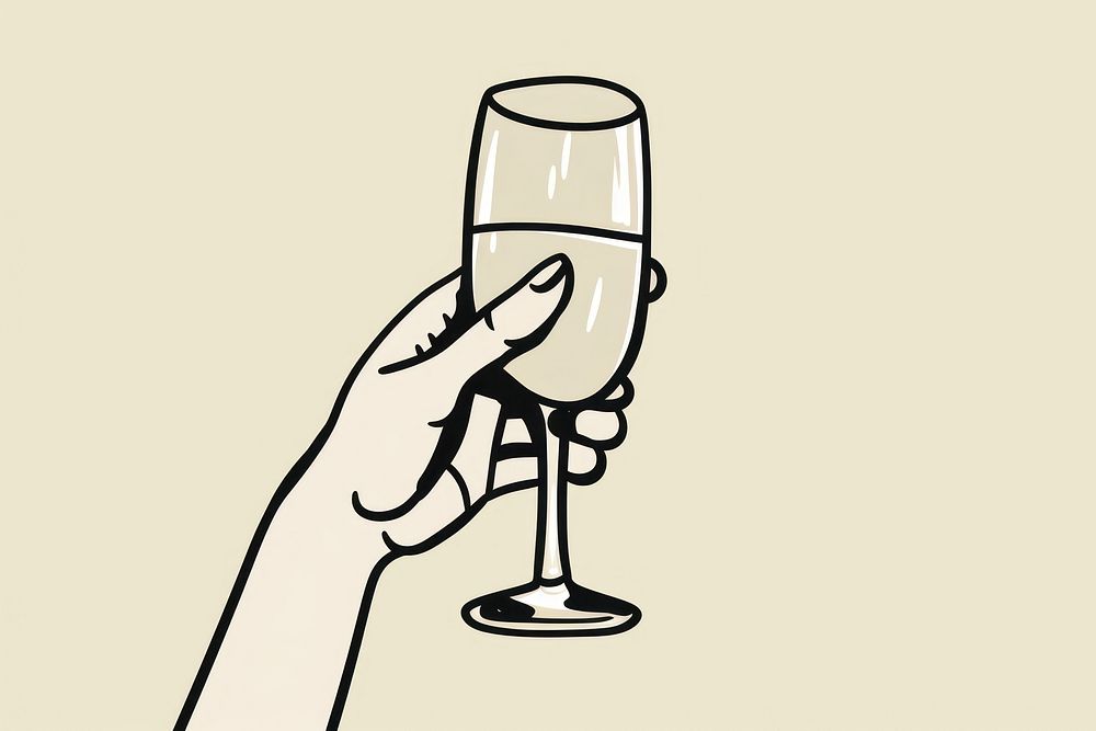 Drawing hand cheers champagne cartoon bottle glass.