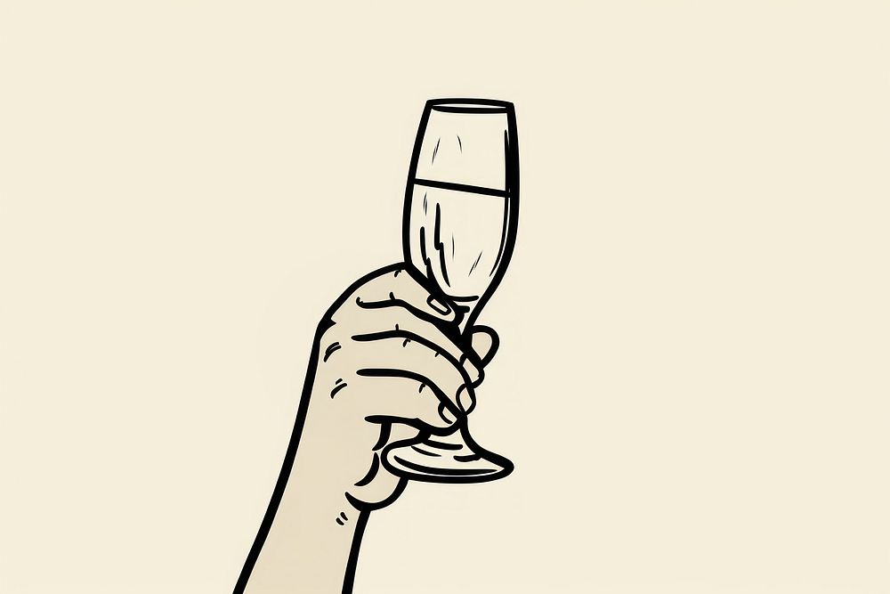 Drawing hand cheers champagne cartoon glass drink.
