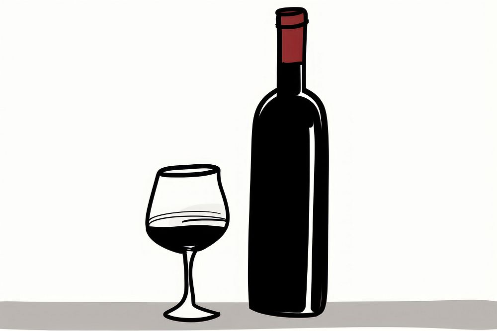 Drawing red wine bottle and glass drink black refreshment.