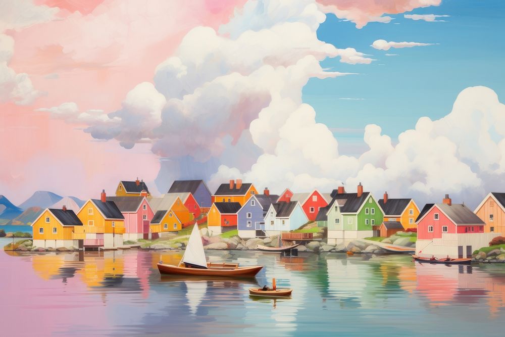 Norway fishing village landscape painting architecture.