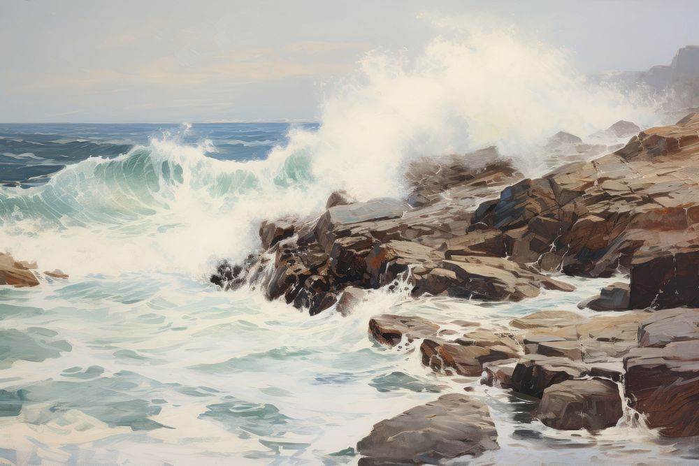 Wave hitting rocky beach coast outdoors painting.
