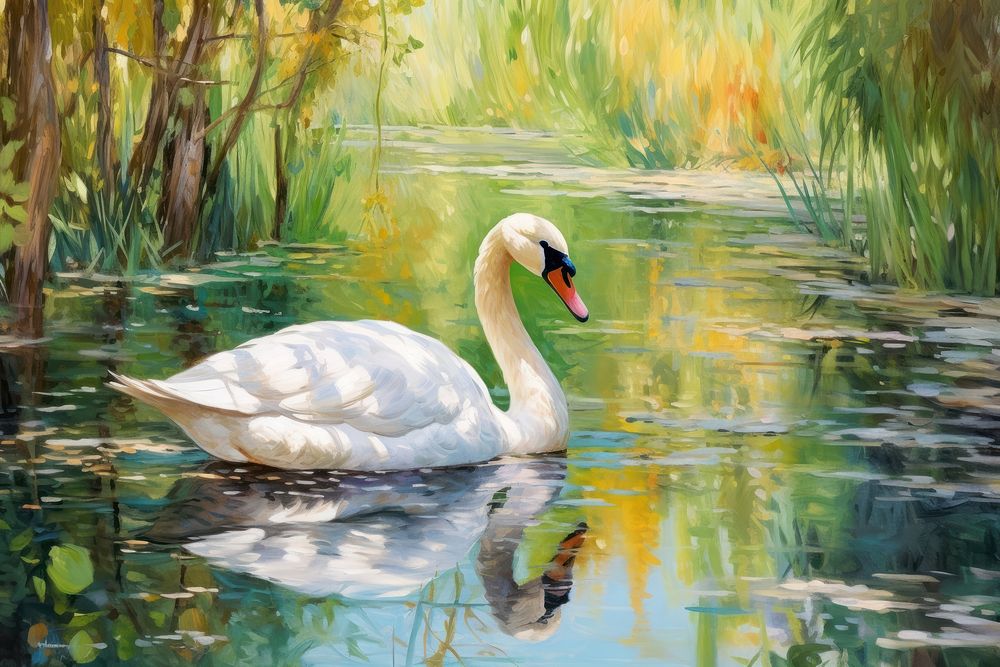 Swan in lake outdoors painting animal.
