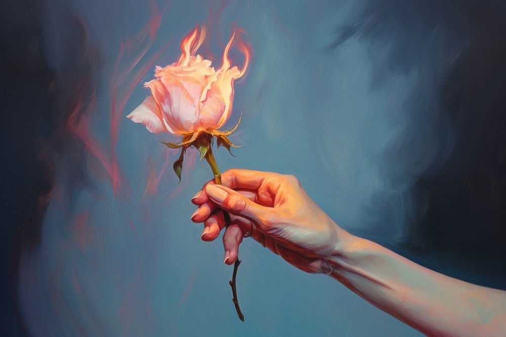 Hand holding a rose on fire painting flower petal.