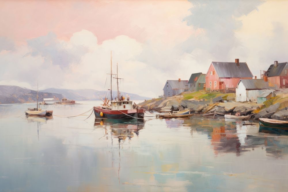 Norway fishing village painting landscape sailboat.