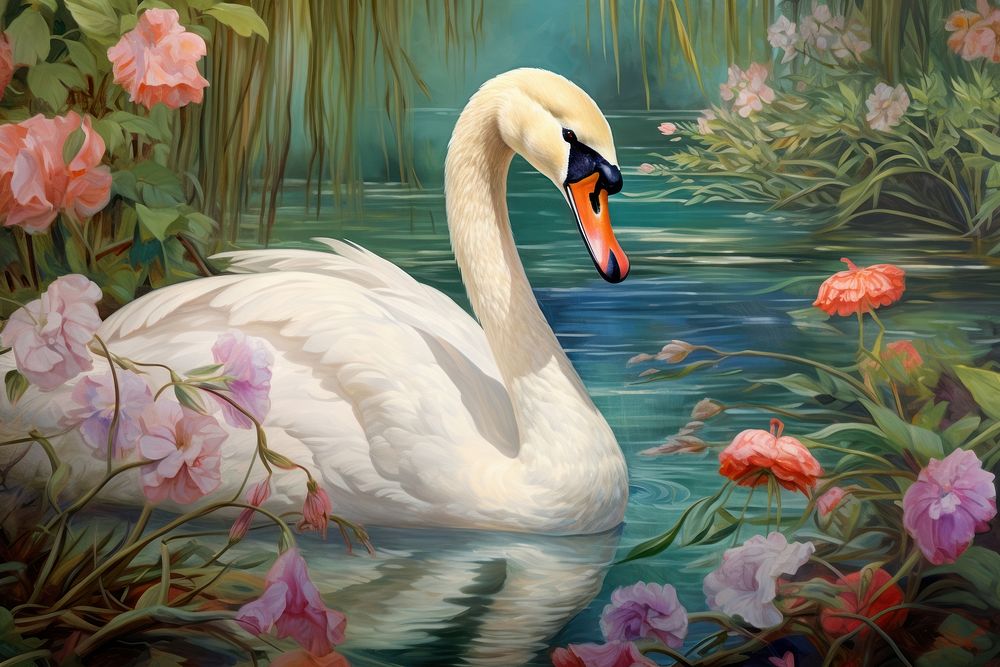 Swan in lake painting animal green.