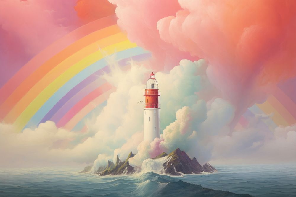 Lighthouse on the island landscape outdoors rainbow.