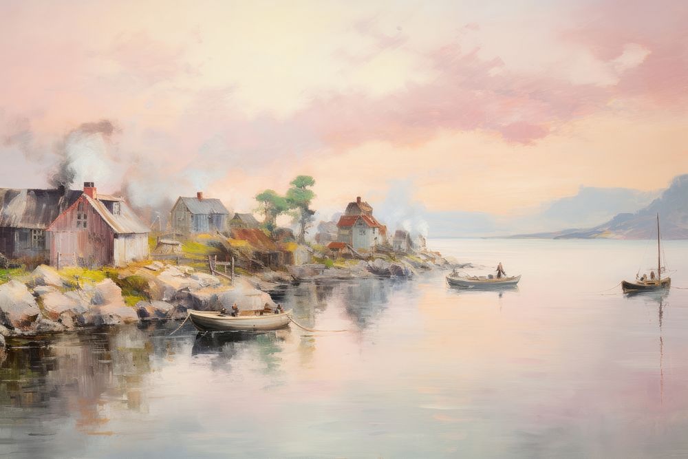 Norway fishing village painting landscape outdoors.