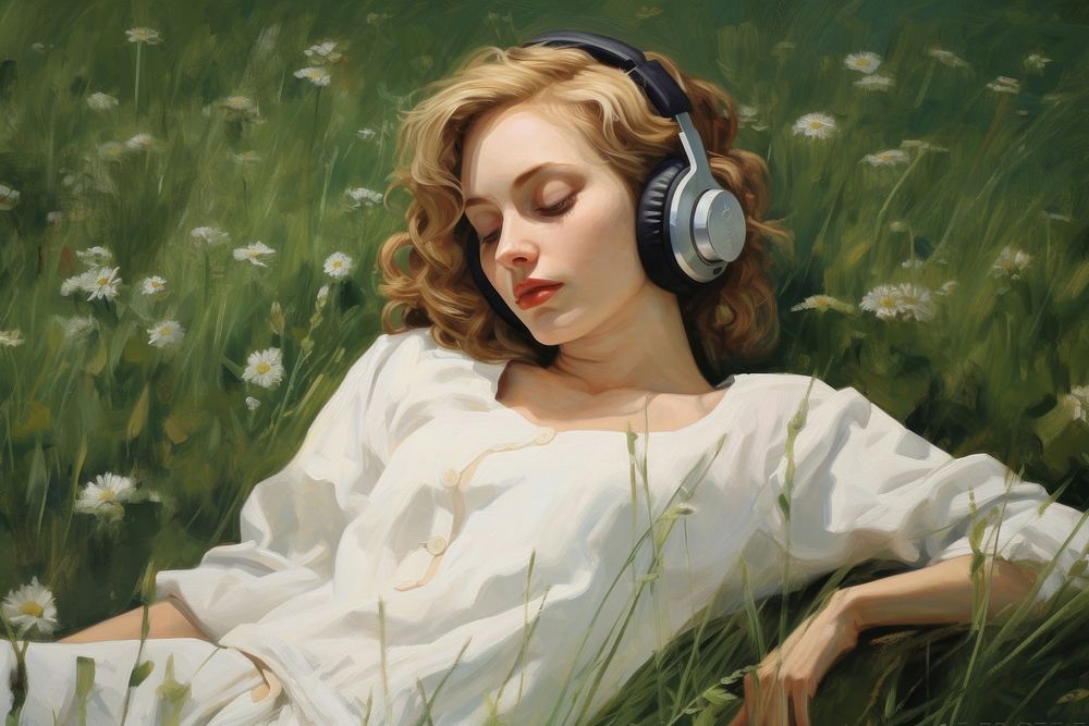 Women wearing headphone headphones painting portrait.