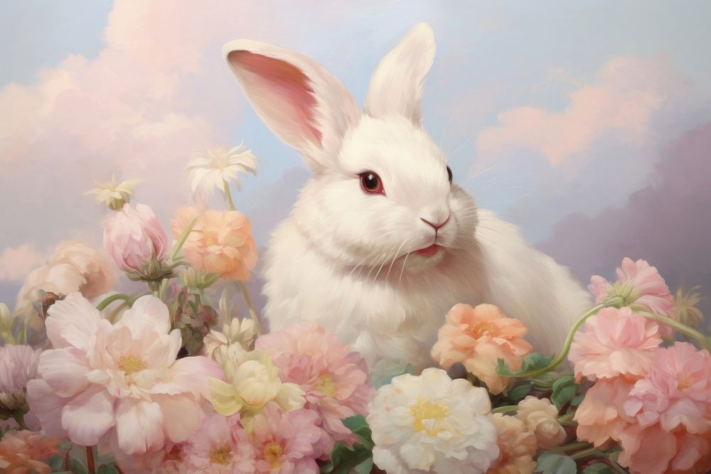 Rabbit and flowers painting animal mammal.