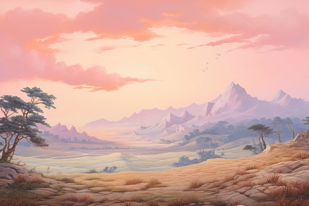 Nice pink sky landscape painting outdoors.