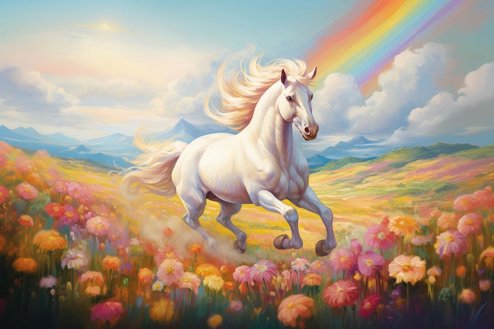 Unicorn running painting landscape stallion.