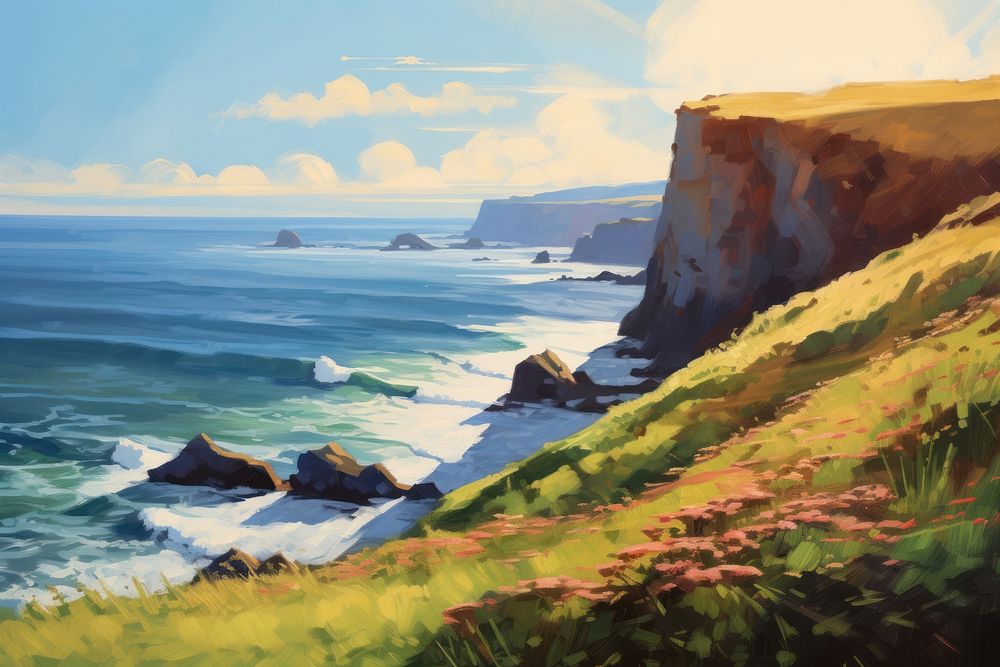 Coastal cliff landscape painting outdoors.