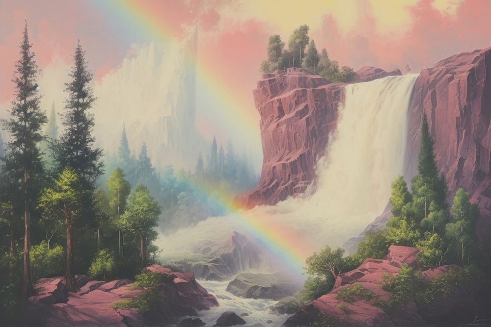 Waterfall landscape painting rainbow.