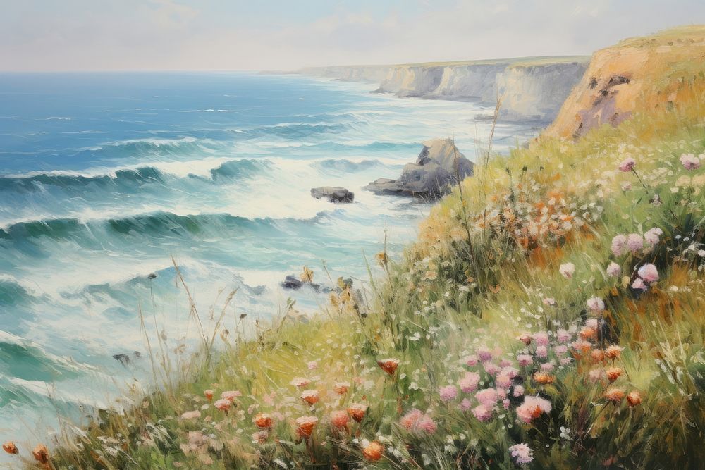 Coastal cliff landscape flower grass.