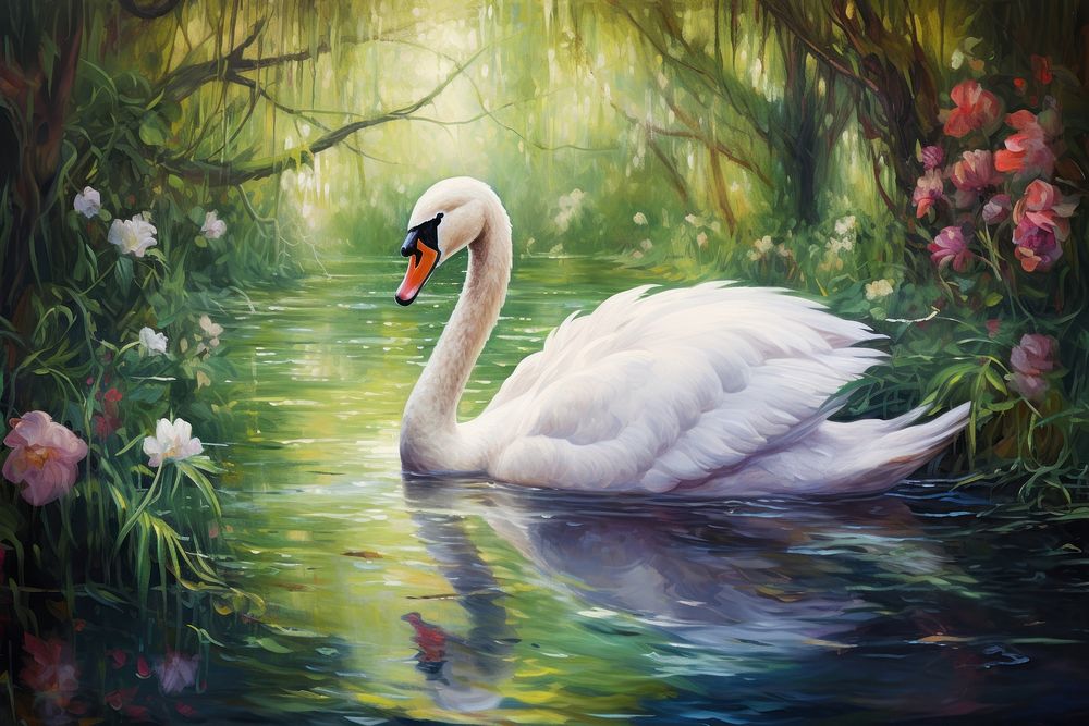 Swan in lake painting outdoors animal.