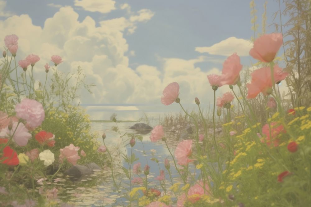  Flower landscape outdoors painting. AI generated Image by rawpixel.