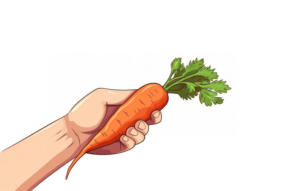 Human hand holding carrot vegetable cartoon plant.