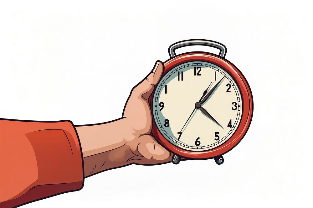 Human hand holding clock cartoon wristwatch deadline.