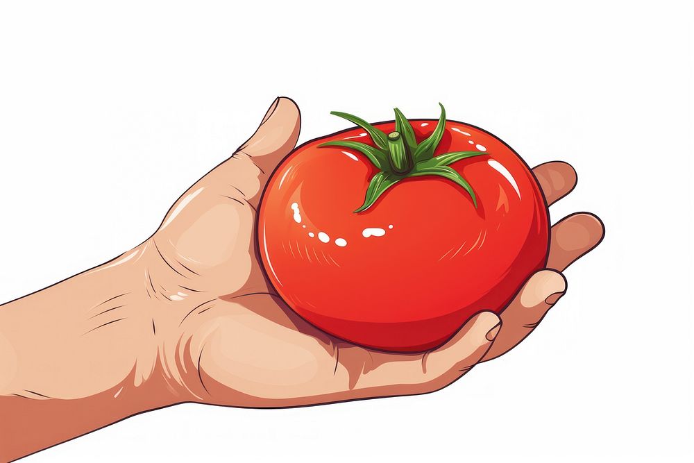 Human hand holding a tomato vegetable cartoon plant.