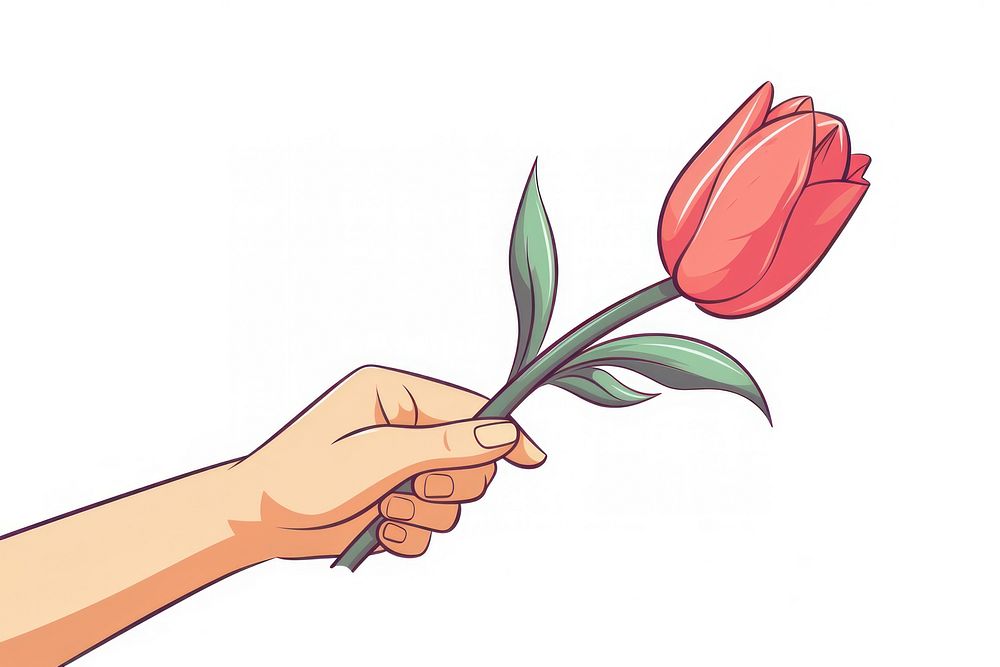 Human hand holding a tulip cartoon flower plant.