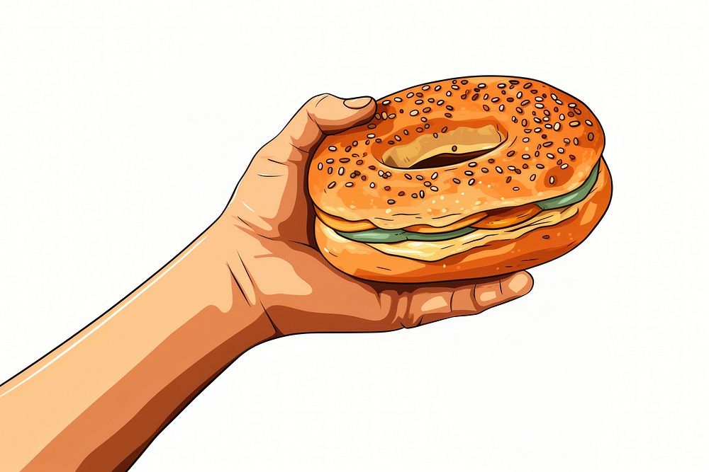 Human hand holding a bagel sandwich cartoon bread food.
