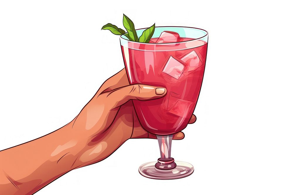 Human hand holding a cocktail cartoon drink glass.