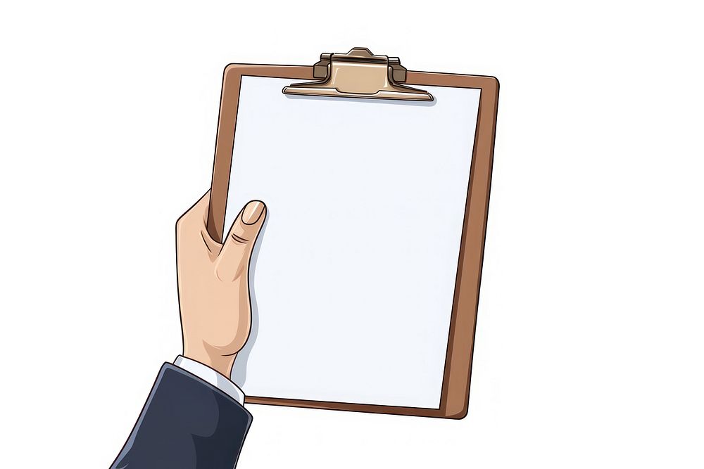 Human hand holding a clipboard cartoon white background handwriting.
