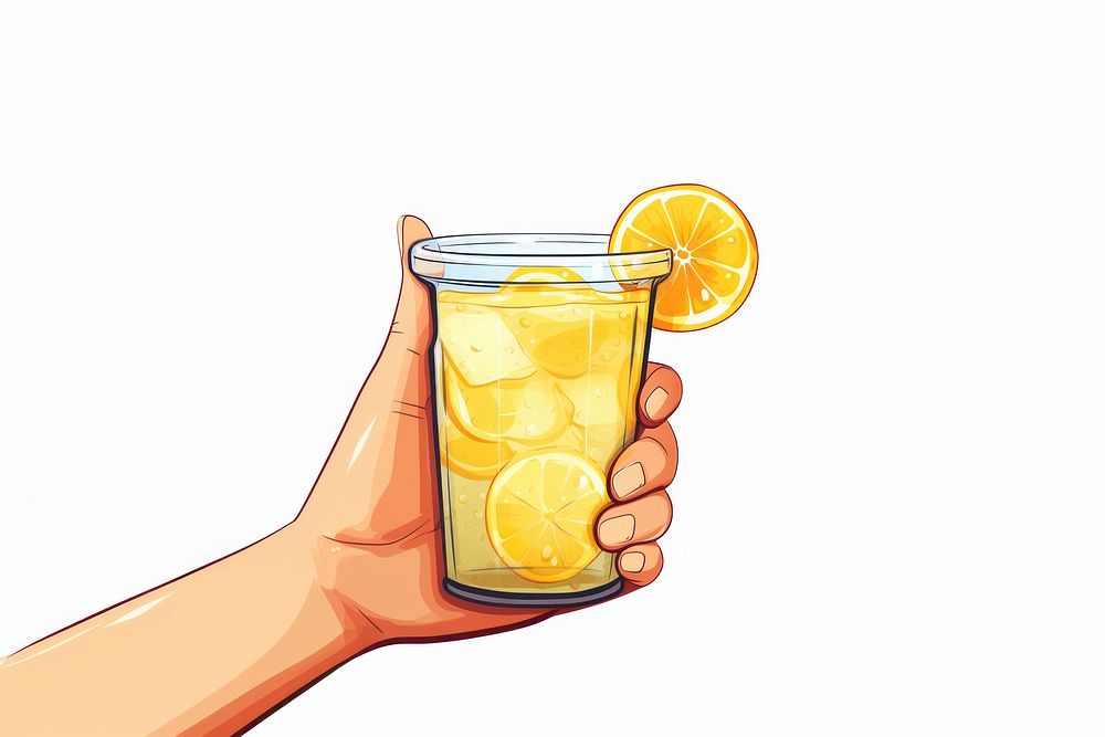 Human hand holding a cup of lemonade fruit drink juice.