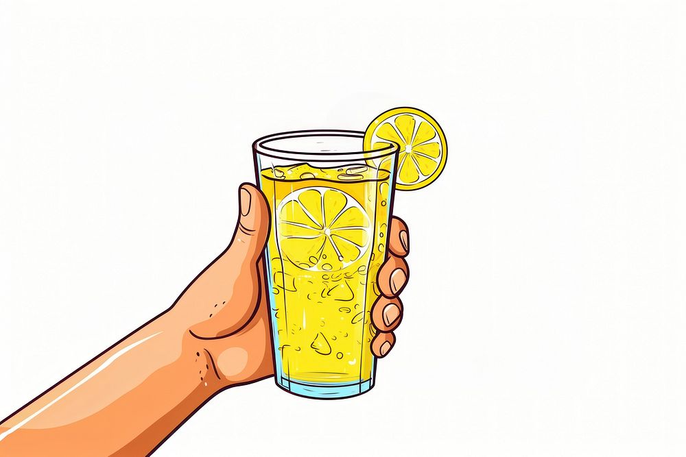 Human hand holding a cup of lemonade cartoon drink juice.