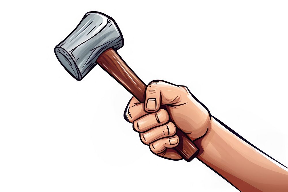 Human hand holding a hammer cartoon human tool.