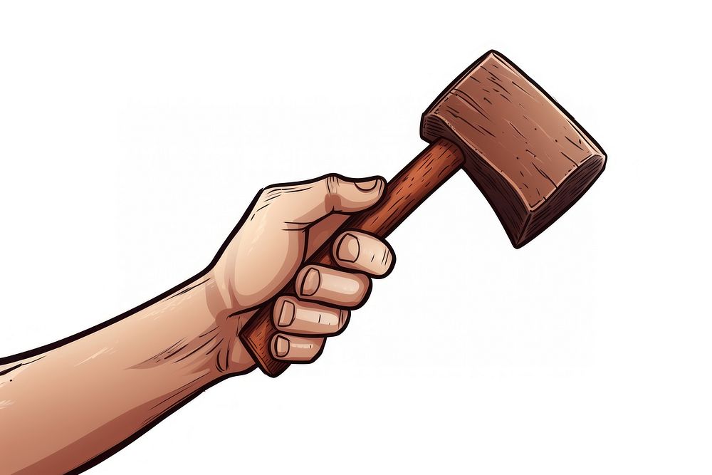 Human hand holding a hammer cartoon tool white background.