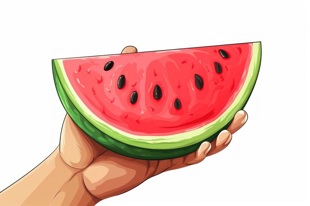 Human hand holding a piece of watermelon cartoon fruit plant.