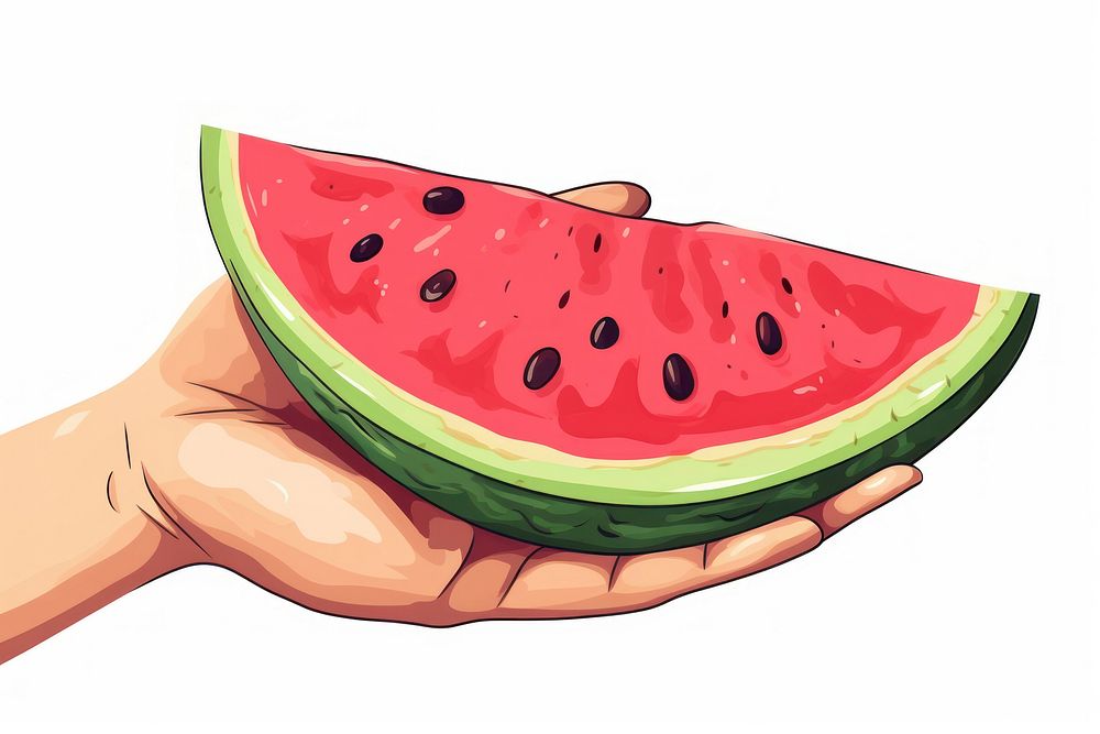 Human hand holding a piece of watermelon cartoon fruit plant.