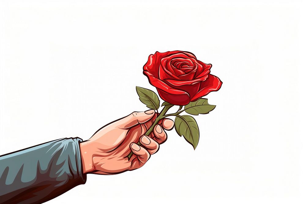 Human hand holding a rose cartoon flower plant.