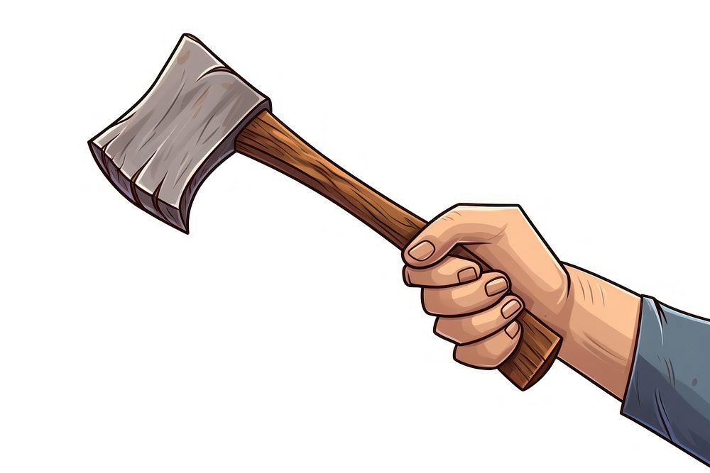 Human hand holding an axe cartoon tool white background.