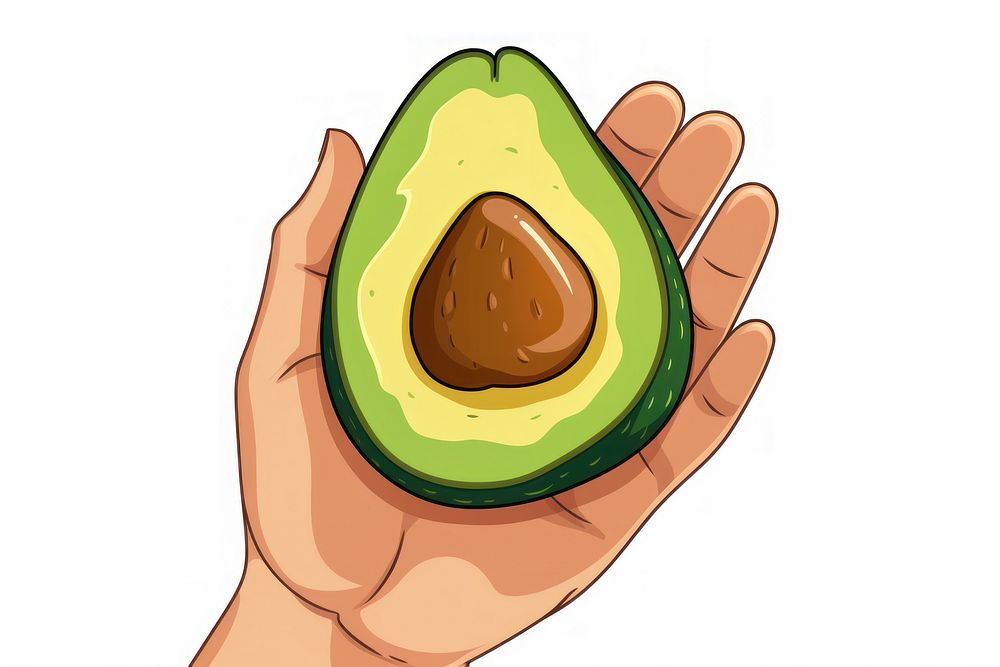Human hand holding avocado cartoon food freshness.